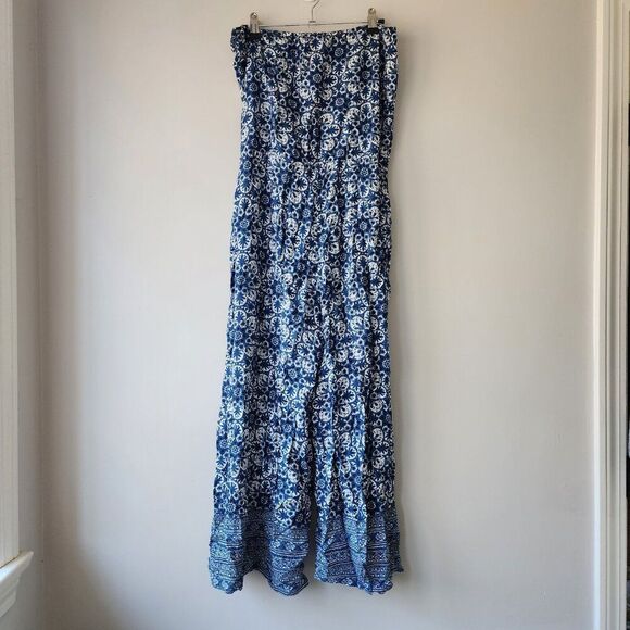 Aakaa Strapless Jumpsuit | Medium | Blue White Bohemian Wide Leg Cropped Pockets - Picture 5 of 9